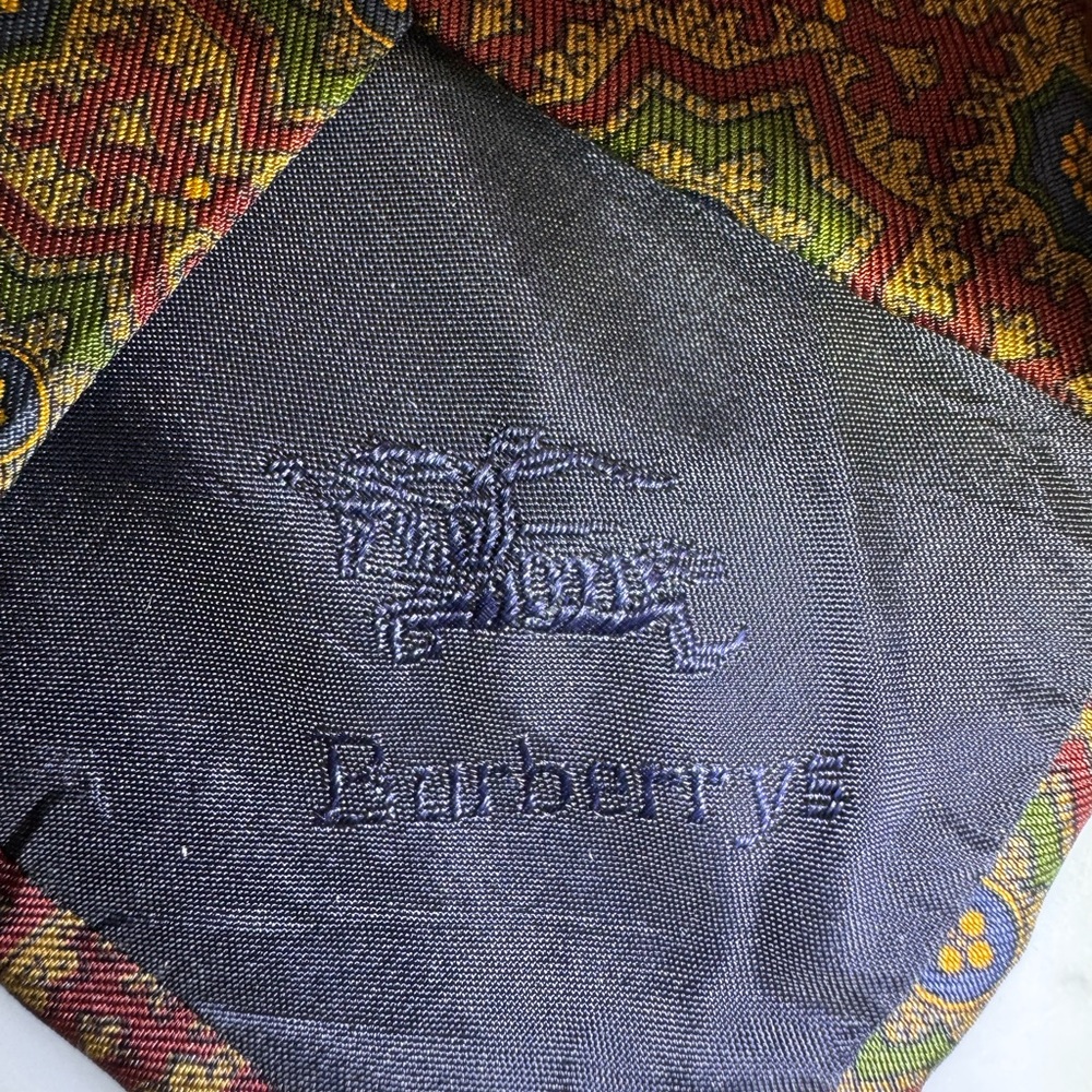 Vintage Burberry’s Red/ Green/Blu/ Gold Silk Tie with Geometric Pattern - Picture 2 of 7